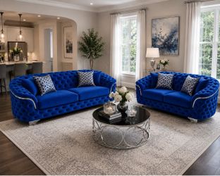 Royal Blue Velvet Tufted Sofa and Loveseat Set