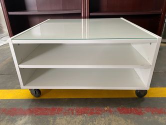 Square White Glass Top Rolling Coffee Table