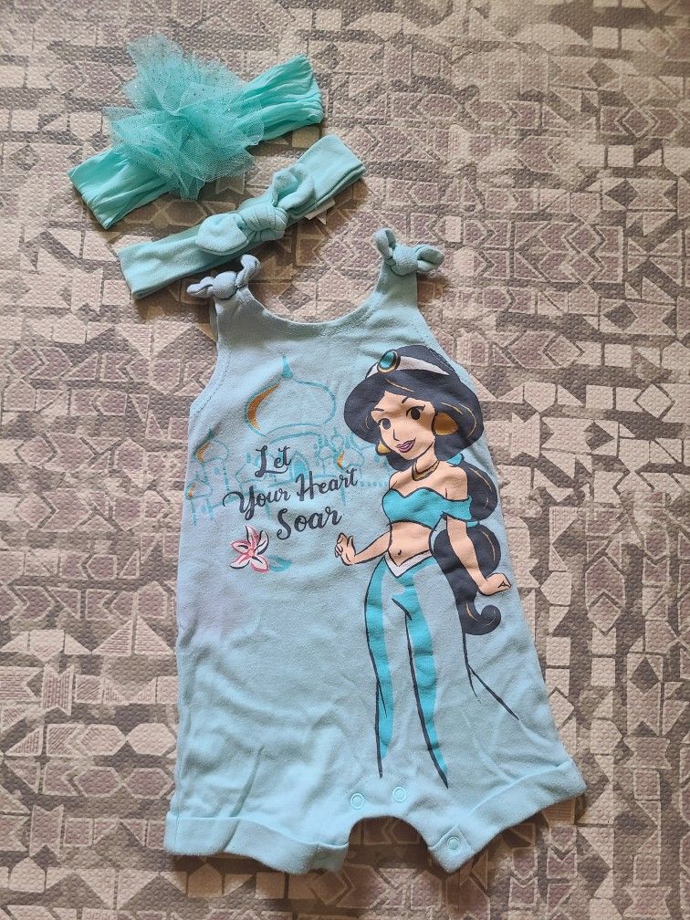 Disney Princess Jasmine 3-6M 3-piece Girl's Headbands and Snapbutton Bodysuit