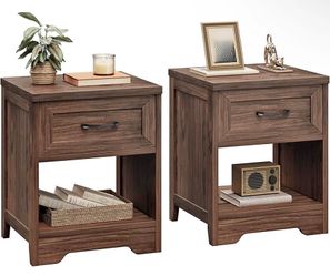 (Set of 2)Farmhouse Bedside Tables – Rustic Wood Nightstands with Drawer & Shelf | Dark Walnut