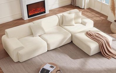 Sofa with Ottoman, 113" Boneless Couches for Living Room, Deep Seat, Soft Comfy Couch, Chenille Fabric, Cream