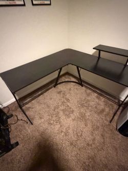 Black L-Shaped Desk with Monitor Shelf