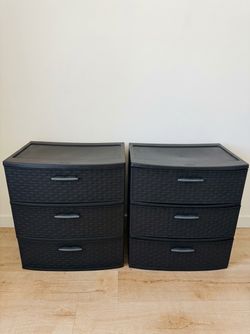 Set of 2 Plastic 3-Drawer Storage Dressers - Black Wicker Style