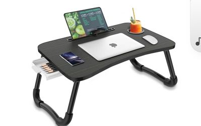 Zapuno Foldable Laptop Bed Table Multi-Function Lap Serving Tray Dining Table with Storage Drawer and Water Bottle Holder, Slot for Eating, Working on