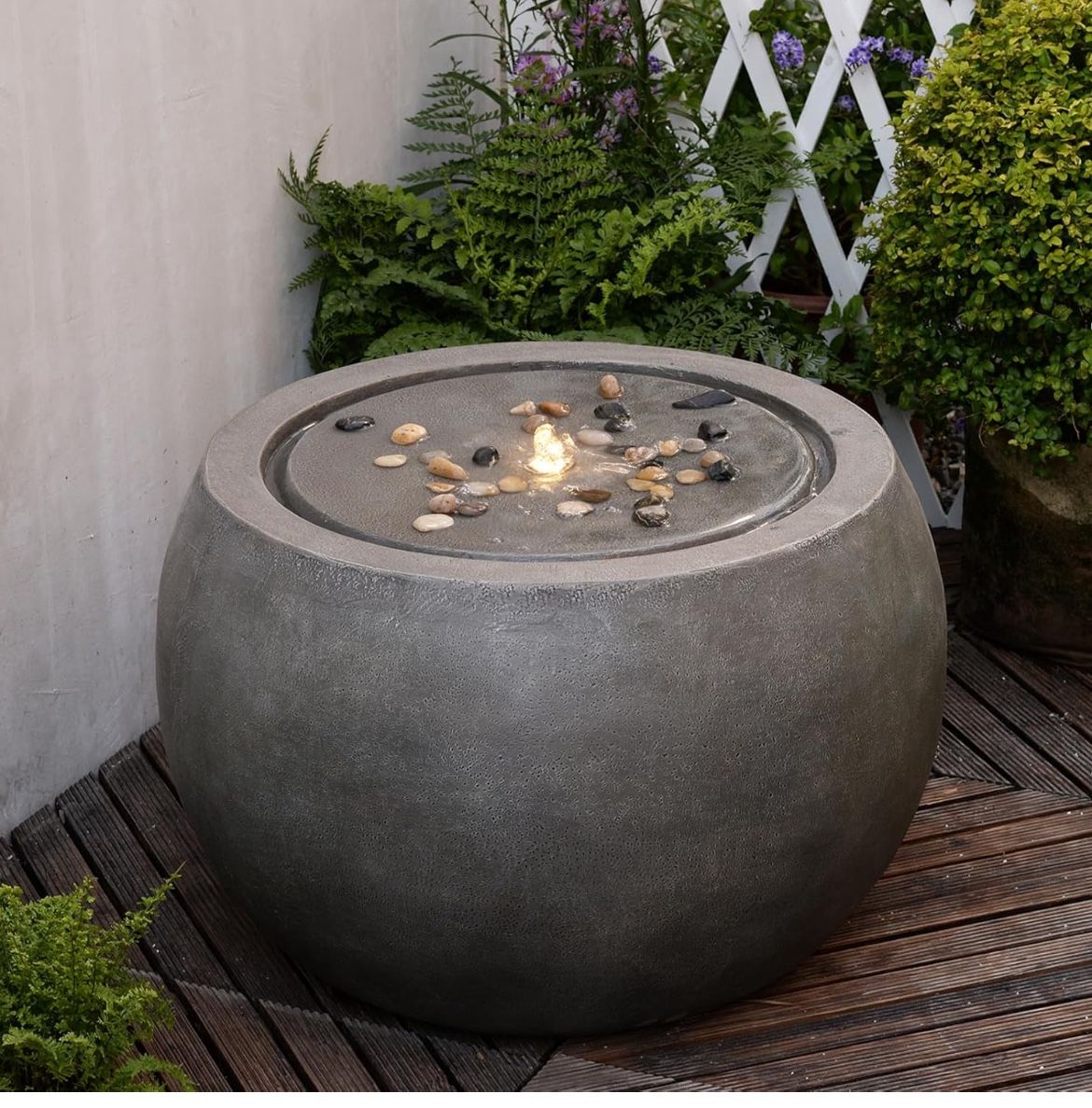 Garden Water Fountain Outdoor Large Round Bubbler Water Feature Indoor with Lights & Pump and Pebbles Concrete Effect for Patio Pool Pond Yard Home De