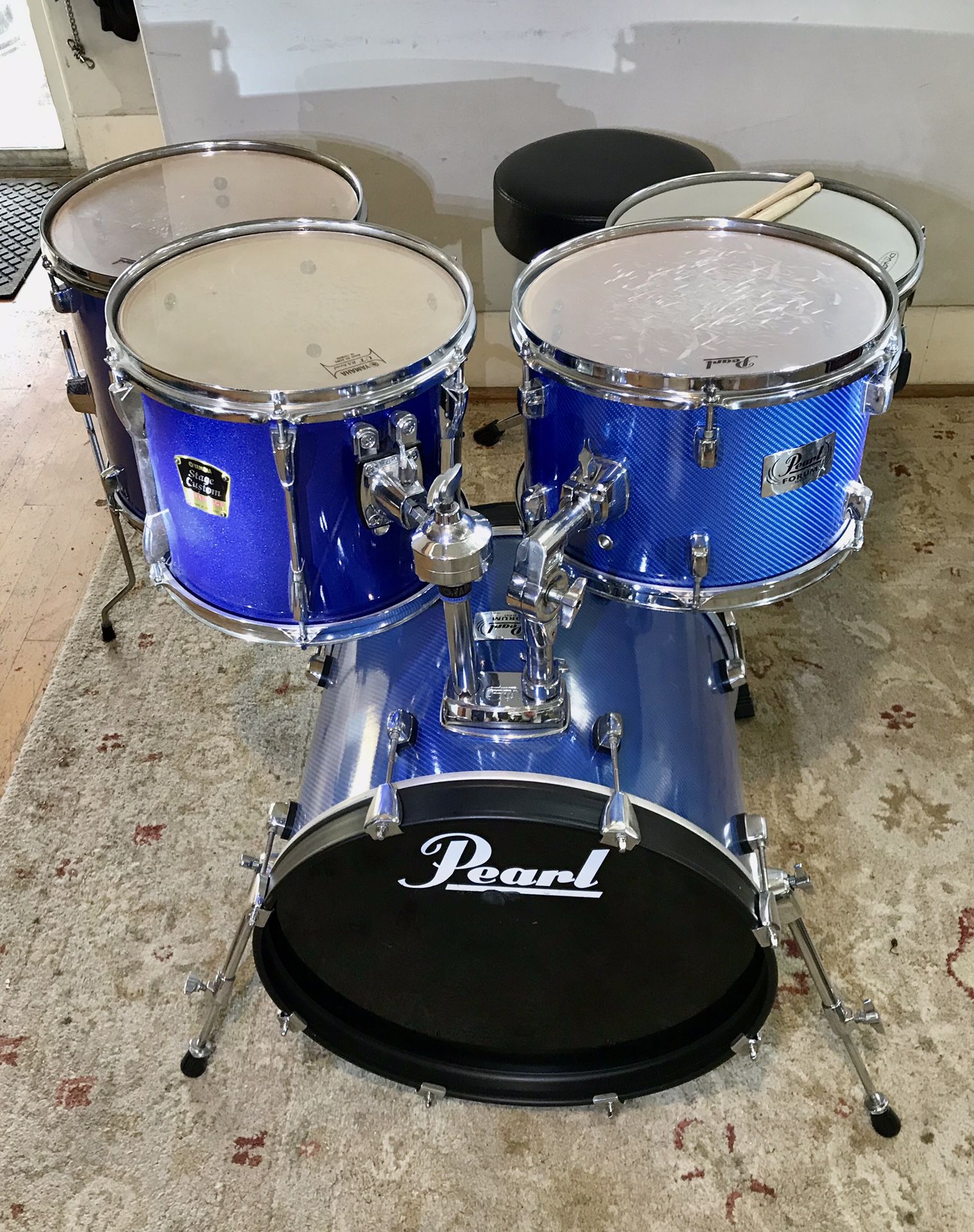 Pearl forum blue carbon fiber wrap bebop drum set Yamaha stage custom advantage 12” ride tom PDP throne pearl pedal 20” bass drum. $275 in Ontario 91