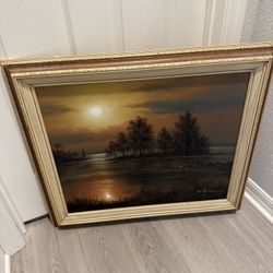 Sunset scene framed acrylic paint wall art vintage 26x29 m benson signed