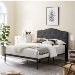 Queen Size Bed Frame, Modern Upholstered Platform Bed with Headboard, Heavy Duty Button Tufted Bed Frame with Metal Frame, Easy Assembly, No Box Sprin