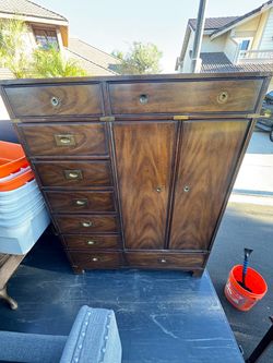 Vintage Campaign Style Armoire / Tall Dresser – Solid Wood & Brass Hardware
