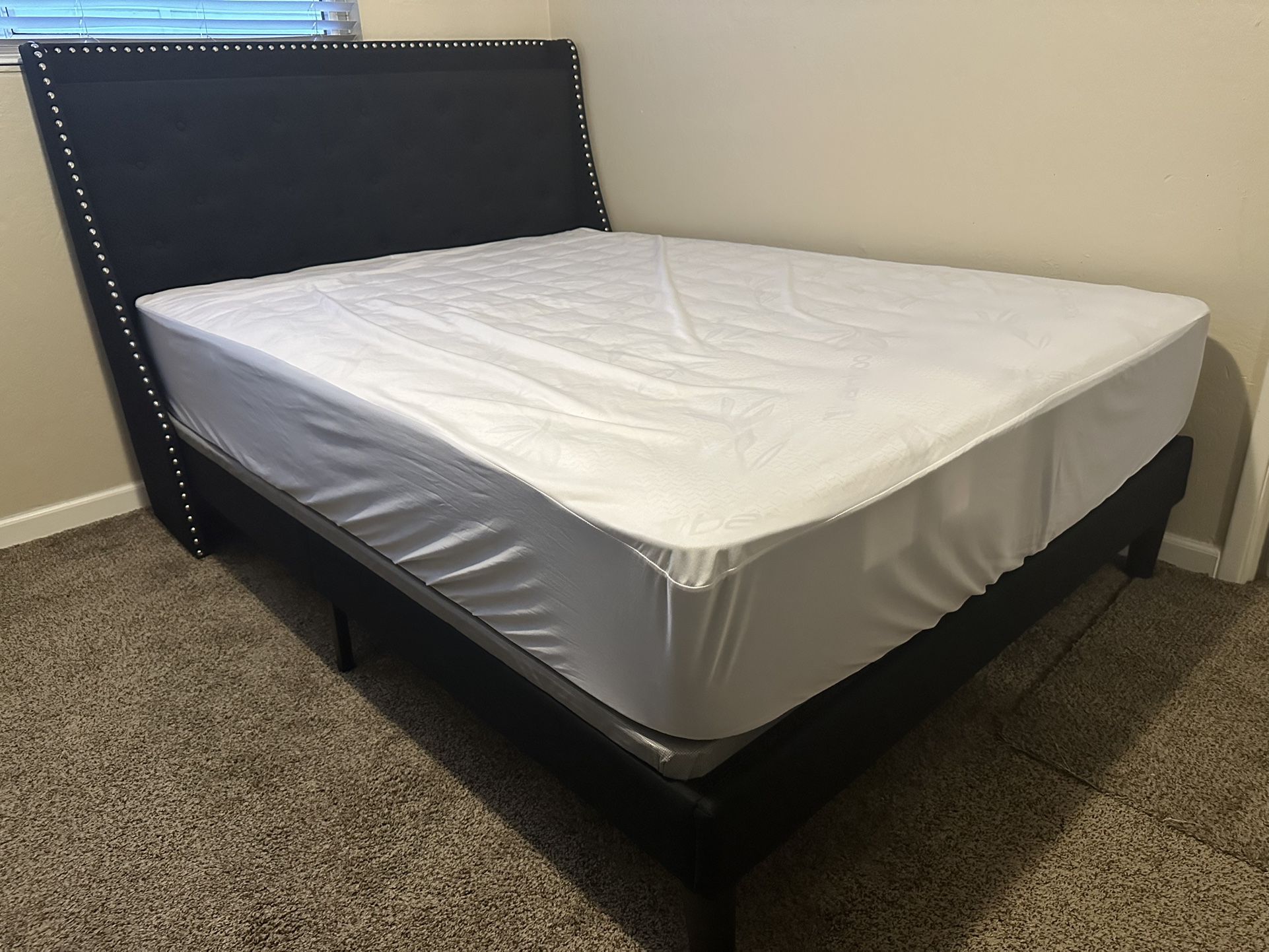 $350 Queen Bed Frame with Plug In, Mattress, Mattress Cover & Bunkie  Board
