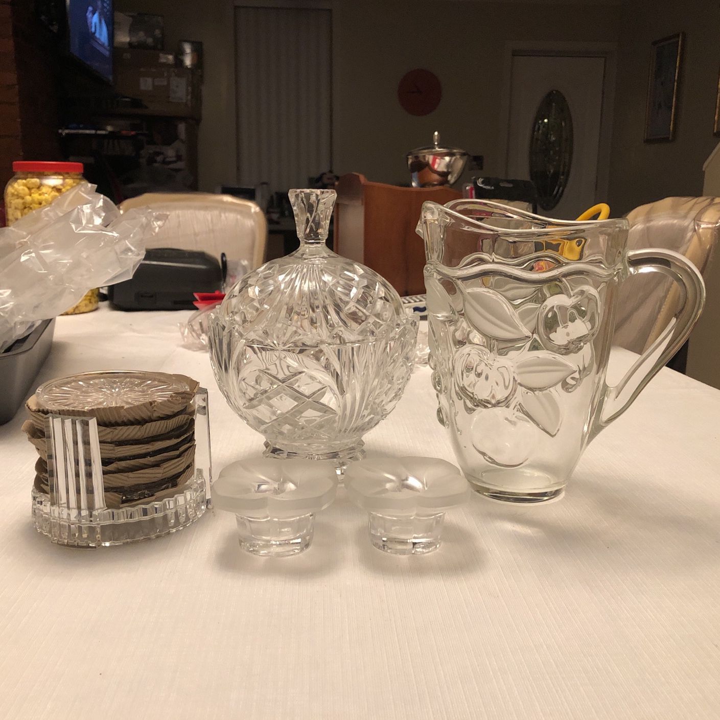 Crystal 6 Coastal Set/ 2 Candle Stick Holders/ Candle Dish/ Water Pitcher