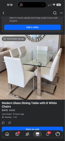 Modern Glass Dining Table with 6 White Chairs