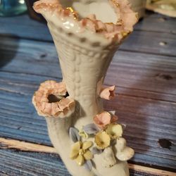 Vintage Porcelain BOOT Vase * 3D FLOWERS* 6"