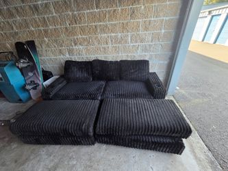 Black Plush Ribbed Corduroy Modular Sectional Couch w/ 2 Ottomans, Arm Storage & Cup Holders