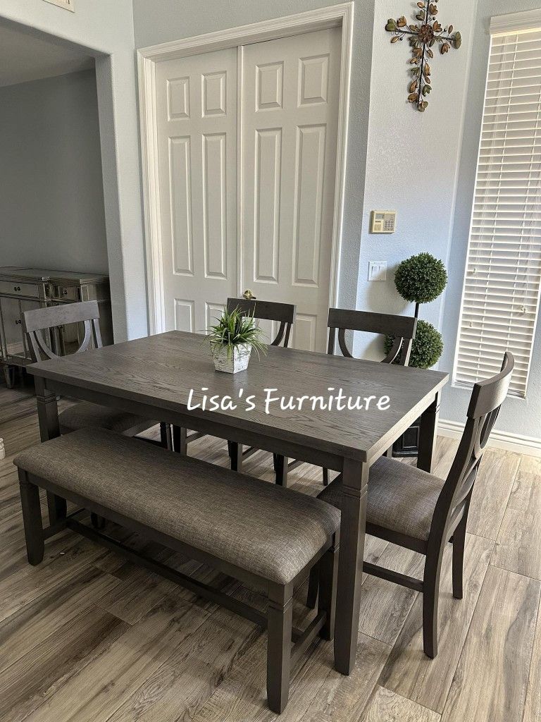 (New) Grey Dining Table With Four Matching Chairs And Bench..(Check Out My Profile) $400