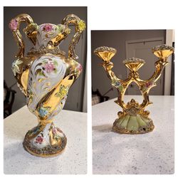 VTG Italian Two Handled Large Vase and candle holder.  Gold/White Color Ceramic Made In Italy