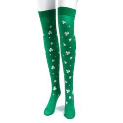 New Women’s One Size Green & White Shamrock Thigh-High St. Patrick’s Stockings