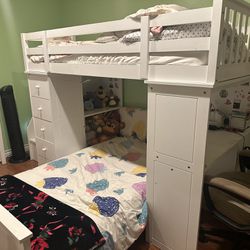 USED WHITE BUNK BED (with desk, shelves, mattresses)
