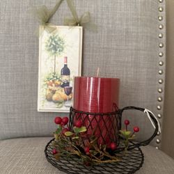 Home deco wine panel 3.5"x7" black wire tea cup w/candle 5"x6.5" all brand new