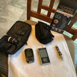 Embrace Diabetic Testing Monitoring Kit Like New, Accu-check Guide, Box Of Alcohol Swaps And New Copper Compression Socks