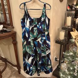 WHITE HOUSE BLACK MARKET Blue Green Botanical Print Lined Midi Dress Size 16