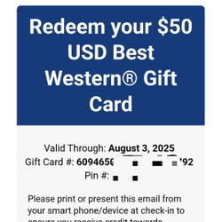 $50 BEST WESTERN GC- Expire On 8/3
