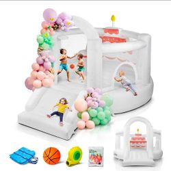 12FT White Inflatable Bounce House With Slide For Kids Birthday Party
