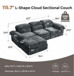 115.7" L-Shape Cloud Sectional Couch with Ottoman