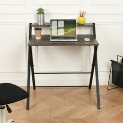 Homy Casa MEGAN 32" Folding Computer Desk Brown Writing Desk with Printer Shelf Space Saving Open Box