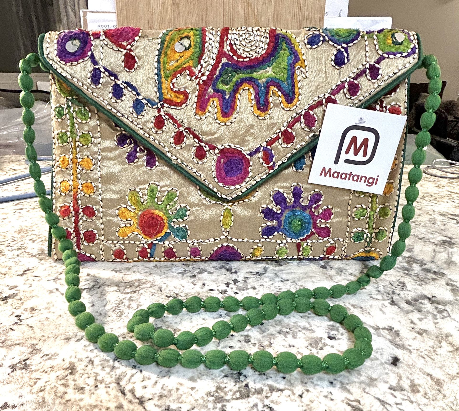 Maatangi-Indian Fashion Crossbody Bag Gold Silk Colorfully Embroidered Elephant Banjari Bag 