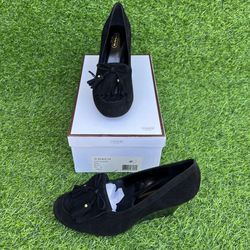 Coach SZ 8.5 M Black Suede Terri Wedge Tassel Pump Slip On Shoes Brand New