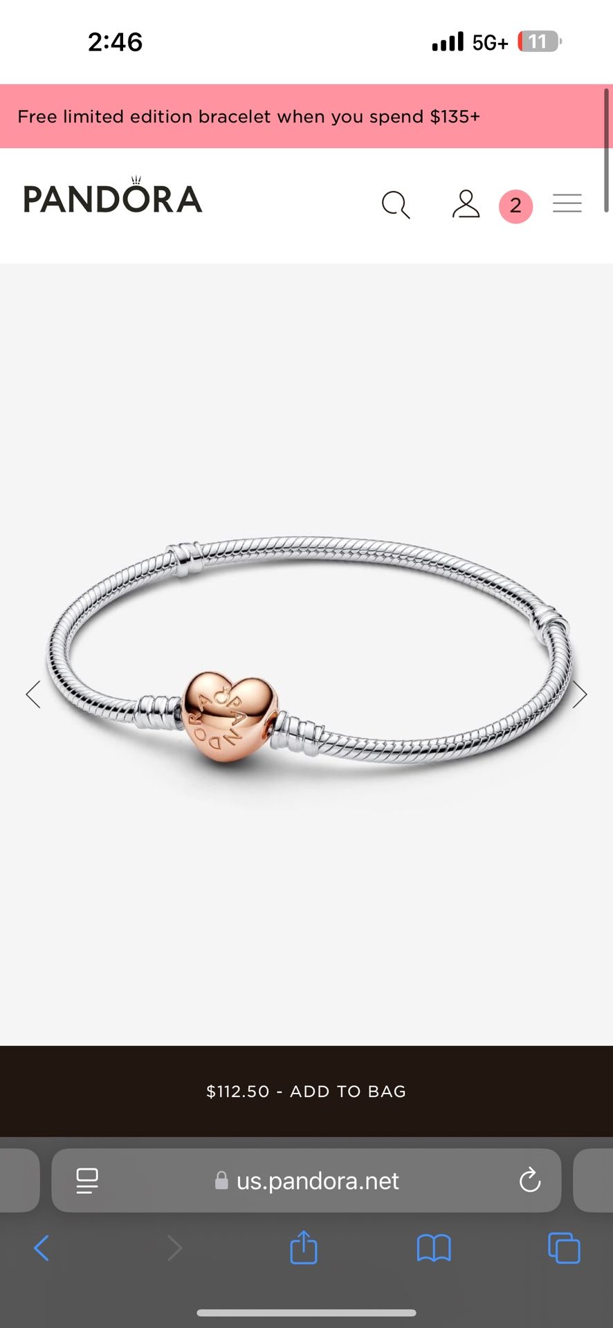 Pandora Bracelet Moments Heart & Snake Chain Bracelet