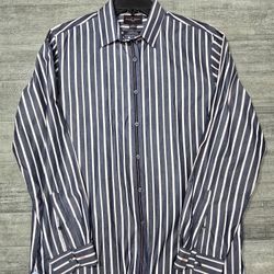 Black Brown 1826 Men's Large Blue And Cream Striped Casual Button Down