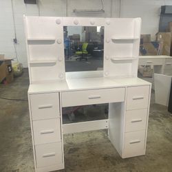 Large Vanity Desk with LED Lighted Mirror & Power Outlet,Makeup Vanity Table with 7 Drawers,4 Shelves and 5 Hooks,Vanity Table, Vanity Desk Set for Be
