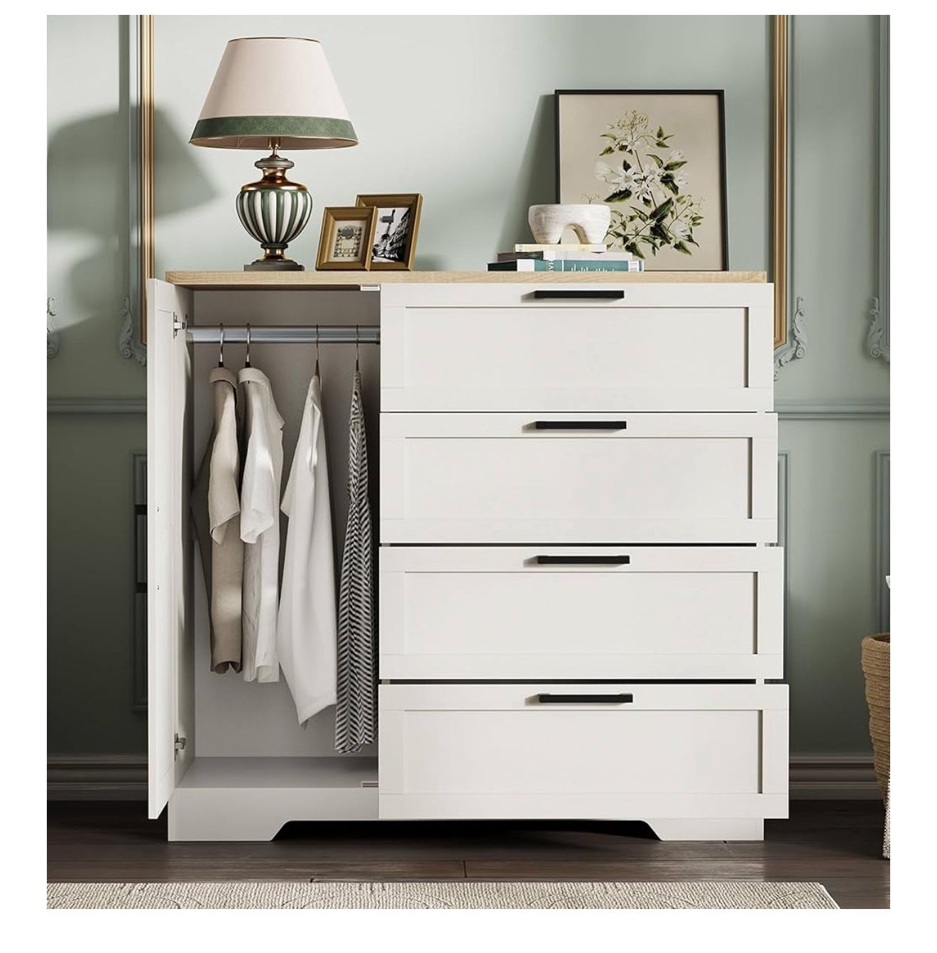 GarveeHome Wardrobe Closet with Hanging Rod & 4 Drawers (Modern White) Brand new in box. Stylish and functional wooden armoire, 43.3”H x 43.3”W x 19.7