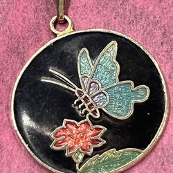 Vintage Cloisonne Butterfly and Flower Pendant Enamel and Metal