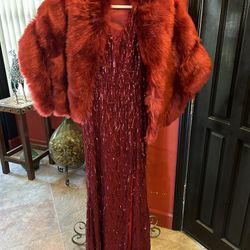 New Red Beautiful Sequins Dress With Faux Fur Shawl - Medium 