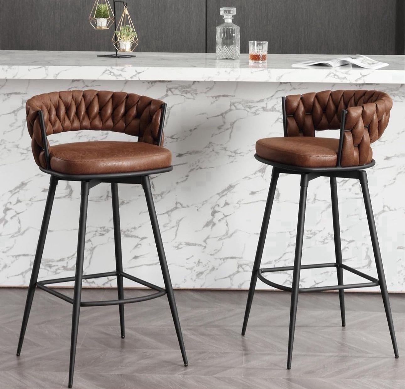 Modern Bar Stools Set of 2, 30" Bar Height Barstools, 180° Swivel Suede Fabric Stool Chairs with Woven Back and Footrest for Kitchen Island, Cafe, Pub