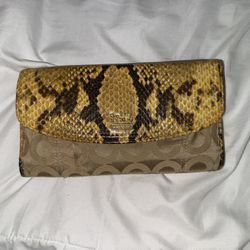 Coach Madison Op Art Sateen Python Embossed Leather Trim Bifold Wallet 