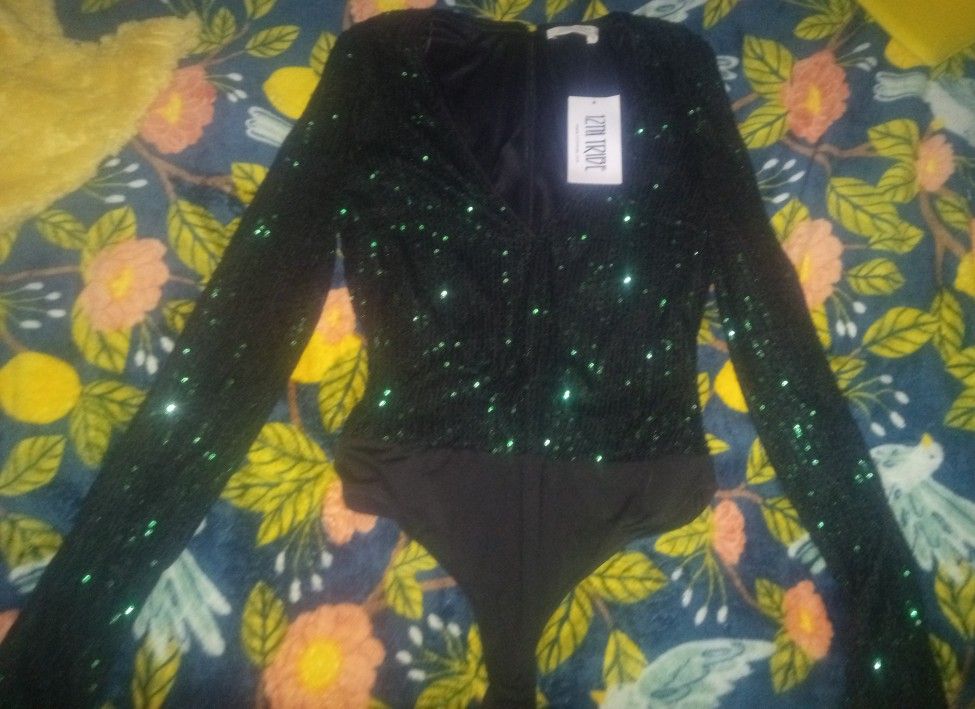 12th Tribe Vintage Green Sequined Bodysuit Sz. L
