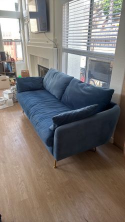 Modern Blue Velvet Sofa w/ Gold Legs