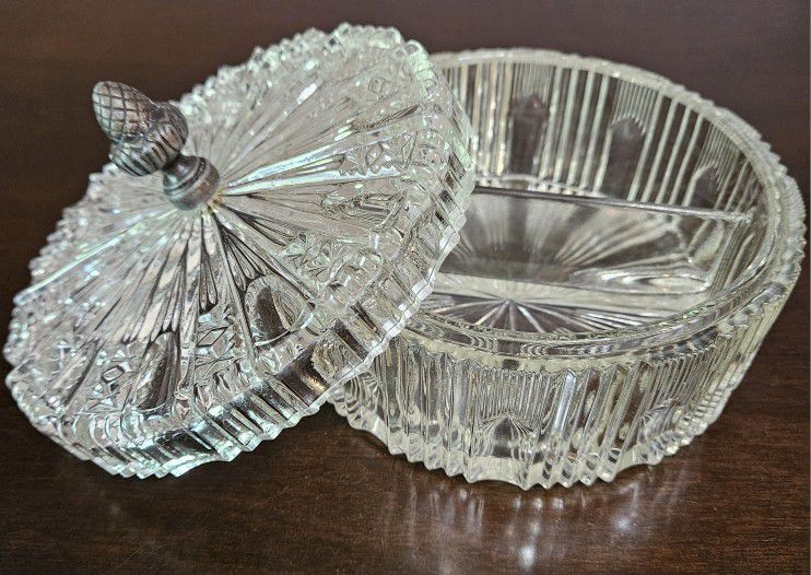 Vintage Cut Crystal Divided Covered Candy Dish With Acorn Final
