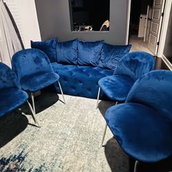 Navy Velvet Ottoman (bench) & 4 chairs with throw pillows
