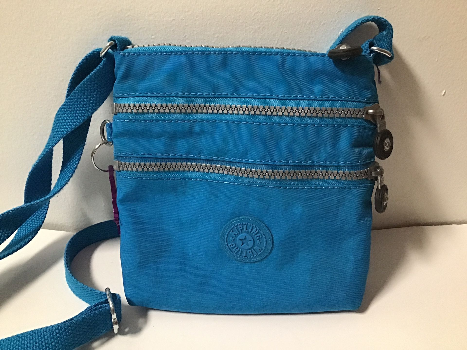 Kipling 3 Zipper Crossbody Bag/purse Turcoise In Color With Grey Zippers