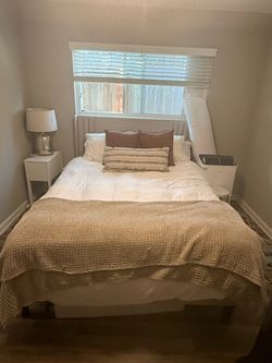 Queen Hybrid Mattress + Upholstered Headboard — Like New