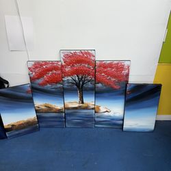 5 Piece Vivid Red Tree Cherry Blossom Tree Wall Art Living Room Decor Bedroom Wall Art