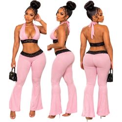 Two piece lace velour halter set