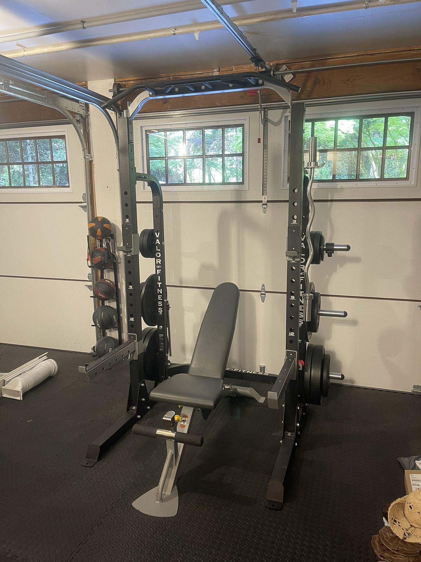 Valor Fitness Squat Rack/Bench Press With Bars, Bench, And Weights