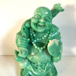 Laughing Buddha Figurine 9” Man-Made Jade Stone