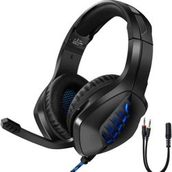 Gaming Headset with Microphone for PS4, Xbox One, PC, Over Ear Headphones with Mic, Wire, Noise Cancelling LED Light, Bass Surround for Playstation Ni